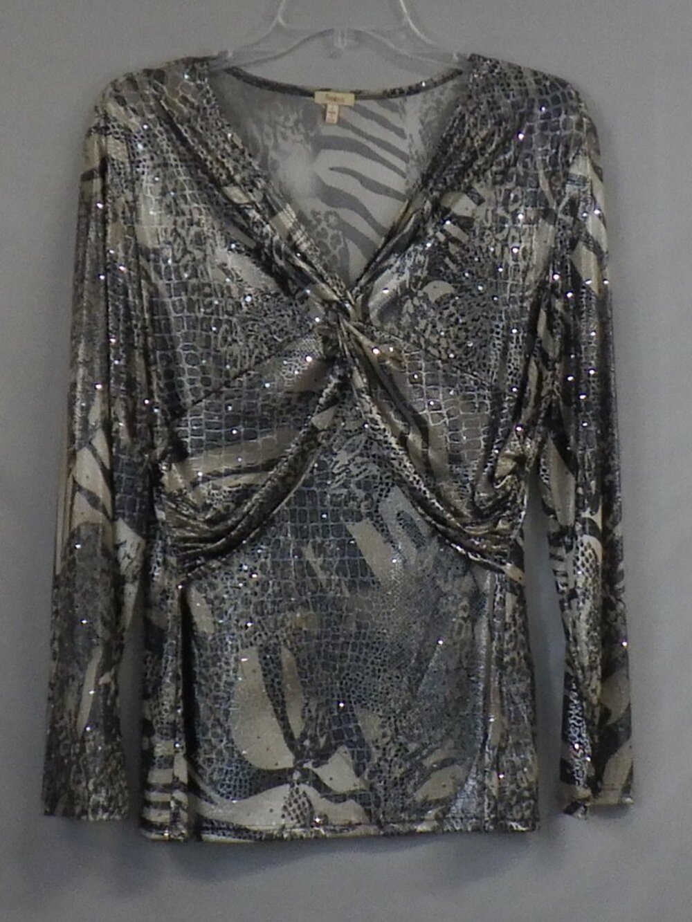 Reba McEntire Clothing Line Metallic Animal Print Twist Front Top A661